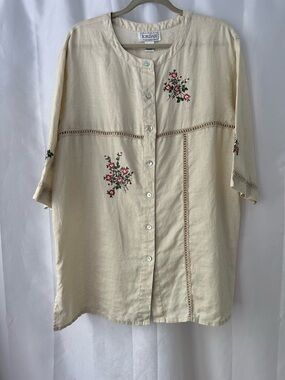 Jordan Cream Linen Floral Embroidered Button-Up XL Shirt Cottagecore Prairie Top